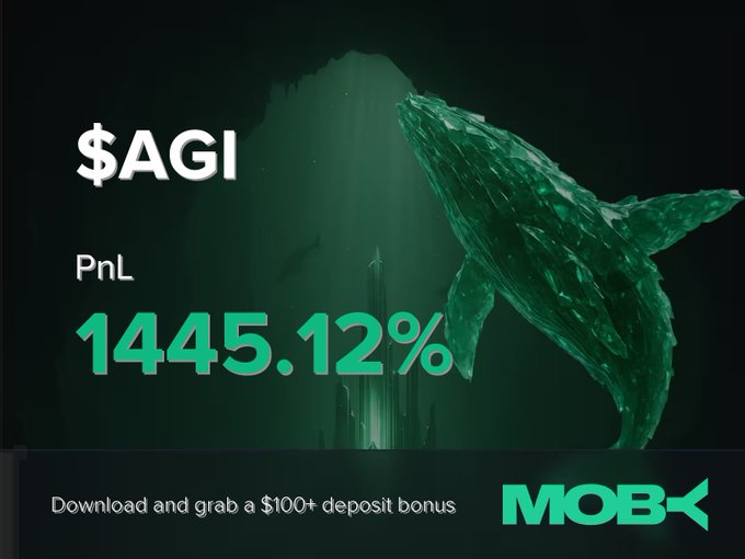 The image is a promotional Moby graphic announcing a trader's win on the $AGI token, displaying a PnL of +1445.12% alongside a dramatic green crystal shark illustration and a "$100+ deposit bonus" call-to-action, visually emphasizing the massive gains highlighted in the accompanying post.