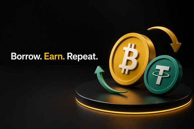 The image features a gold Bitcoin (₿) coin and a green Tether (₮) coin on a glowing black pedestal with circular arrows between them, illustrating a crypto-backed loan cycle. The accompanying text "Borrow. Earn. Repeat." reinforces the post's message about Binance Lite Loan allowing eligible users to use $BTC as collateral to borrow $USDT without selling their holdings.