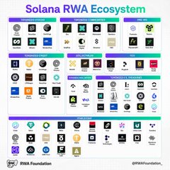 The image presents a poster featuring various symbols representing different cryptocurrencies from an ecosystem. The top part of the poster displays seven icons, including "solana rwa ecosystem" at the center, surrounded by other symbols. There are also icons that represent other crypto exchanges such as "tokens & mining", "stellarorg", and "avax". The bottom section of the poster further expands on this theme with additional icons for different types of currencies or assets within the ecosystem.