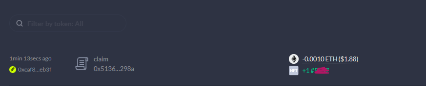 A blockchain transaction record showing a "claim" of -0.0010 ETH ($1.88) with +1 #  [partially obscured token number] minted, tied to the recent activity on the scriptkiddies collection.