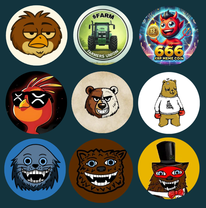 A 3x3 grid of nine circular crypto token logos displayed against a dark teal background, featuring various animal and character mascots including "$FARM Farmers Union," "666 XRP MEME COIN," and other meme-themed tokens like "$CBIRD," "$TEDDY," "$BCHAMP," "$SEAL," "$FUZZY," and "$BEAR" that correspond to the XRPL gems mentioned in the post.