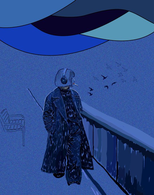 A stylized blue-toned illustration of a figure with short hair, wearing headphones and a long coat, smoking a cigarette while standing on a bridge with birds silhouetted in the background.