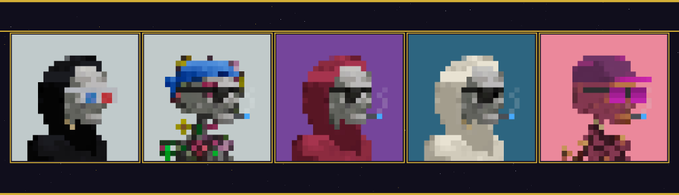 A row of five pixel art portraits of figures with various head coverings and accessories displayed in colored frames.