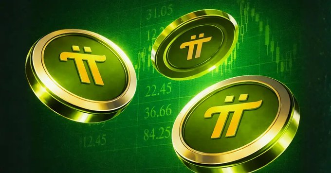 A 3D render of three gold Pi (π) cryptocurrency coins against a green background featuring stock market chart lines and numbers.