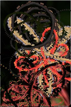 Digital artwork featuring spiral, tentacle-like structures rendered in pixel art with red, yellow, and black colors against a dark background.