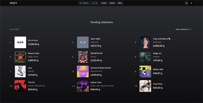 The objkt NFT marketplace displays trending collections including "nic et nunc" by x with 11,263.18 ꜩ and "Lady and Nature" by Shakuyah with 5,555.00 ꜩ.