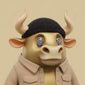 A cartoonish illustration of a bull wearing a black beanie and tan jacket against a beige background.