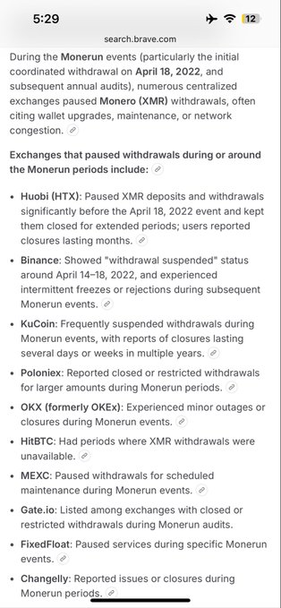 A mobile screenshot of a search result page on search.brave.com listing various cryptocurrency exchanges like Huobi, Binance, KuCoin, and Poloniex that paused XMR withdrawals during Monerun events.