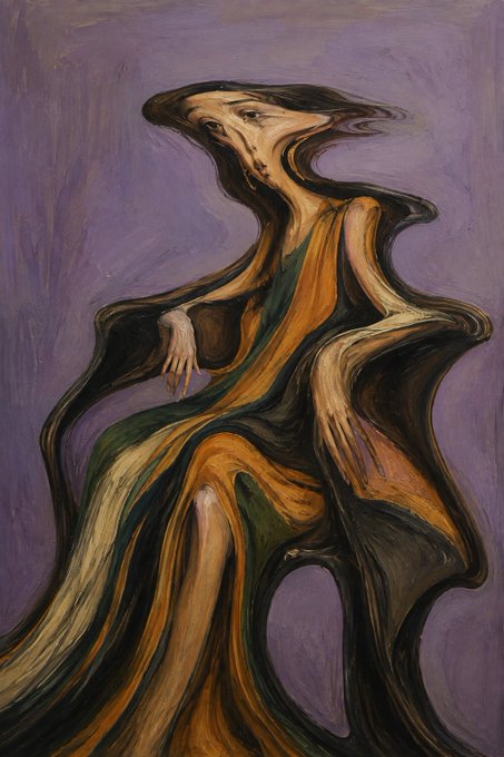 A stylized painting of a flowing female figure in orange and green drapery against a purple background, with distorted, surreal proportions.