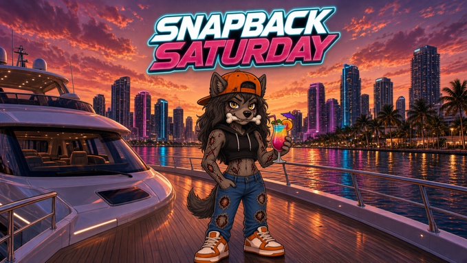 An illustrated scene titled 'Snapback Saturday' featuring an anthropomorphic wolf character wearing an orange cap, holding a cocktail on a yacht deck with a Miami skyline at sunset.