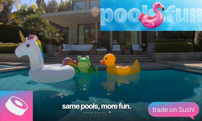 A colorful advertisement showing inflatable pool toys (a unicorn, frog, and duck) with the text 'pools fun', 'same pools, more fun.', and 'trade on Sushi'.