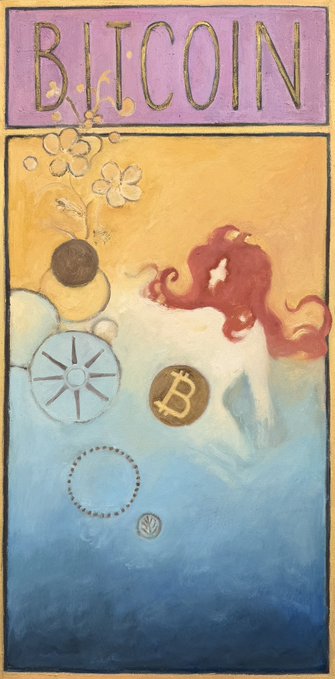 An artistic illustration styled like an Art Nouveau poster with the word 'BITCOIN' at the top, featuring a red-haired woman, flowers, and Bitcoin symbols.