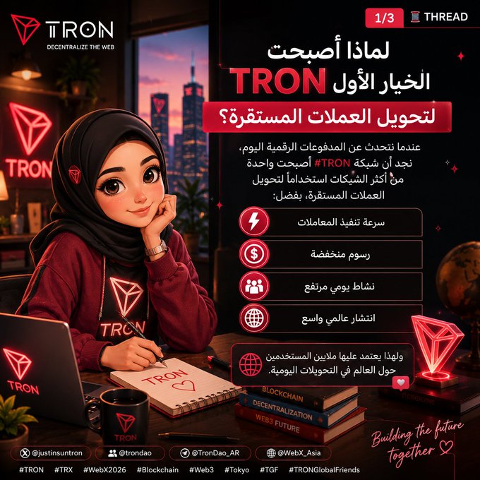 This image, part of a TRON thread, features a stylized anime character beside text highlighting TRON's advantages for stablecoin transfers, including speed, low fees, and global reach. The TRON logo and network name are prominently displayed.