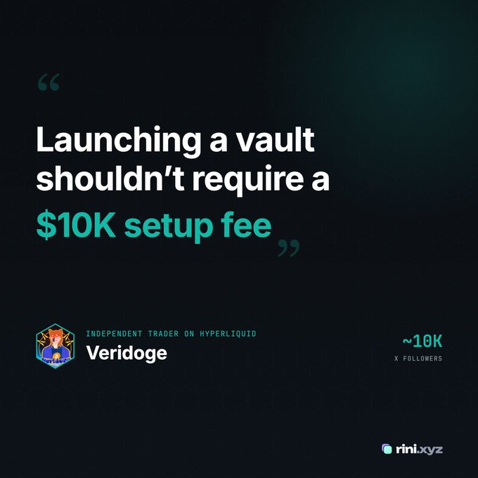 A dark green marketing graphic featuring a testimonial quote: "Launching a vault shouldn't require a $10K setup fee," attributed to "Veridoge," an independent trader on Hyperliquid with ~10K X followers, branded by rini.xyz.