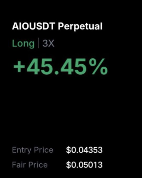 The image displays a trading position on **AIOUSDT Perpetual** showing a **Long 3X** trade with a gain of **+45.45%**, an entry price of **$0.04353**, and a fair price of **$0.05013**. This screenshot illustrates the type of leveraged trade the post warns against, as the author cautions followers not to blindly copy leveraged entries due to the different risk and strategy involved compared to spot trading.