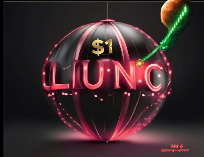 A 3D graphic of a pink-lit Christmas ornament displaying 'LUNC' and '$1', impaled by a green candlestick chart shaped like a sword, with a Twitter handle '@phuwinloverss' visible.