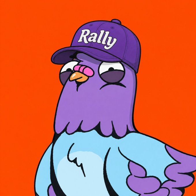 The image features a cartoon bird wearing a purple baseball cap with the word "Rally" written on it, standing against an orange background. The bird appears to be looking directly at the camera, giving off a playful and engaging vibe. The caption below the image reads, "What if your content mattered more than your follower count? That'S why I'm paying attention to @RallyOnChain Now, no waitlist, just creating and wining." This message emphasizes the importance of quality content over follower numbers in today's social media landscape.