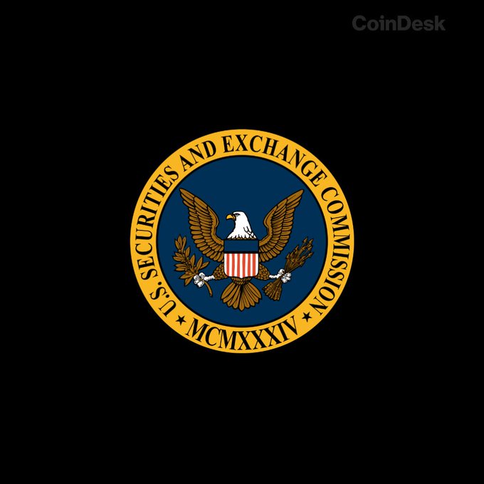 The official seal of the U.S. Securities and Exchange Commission displayed on a black background with 'CoinDesk' watermark in the corner.