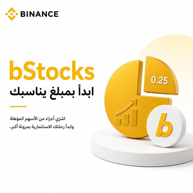 A Binance promotional graphic for "bStocks" features a golden pie chart displaying "0.25" to symbolize fractional share investing, with Arabic text emphasizing flexible investment options starting from a small amount. The accompanying post highlights bStocks' key benefit of allowing users to buy fractions of shares rather than whole units, offering greater flexibility for investors.