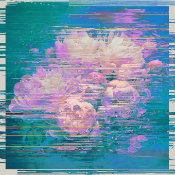 An abstract, glitch-art style image featuring pink floral or coral-like shapes distorted with horizontal static lines in teal and blue hues.
