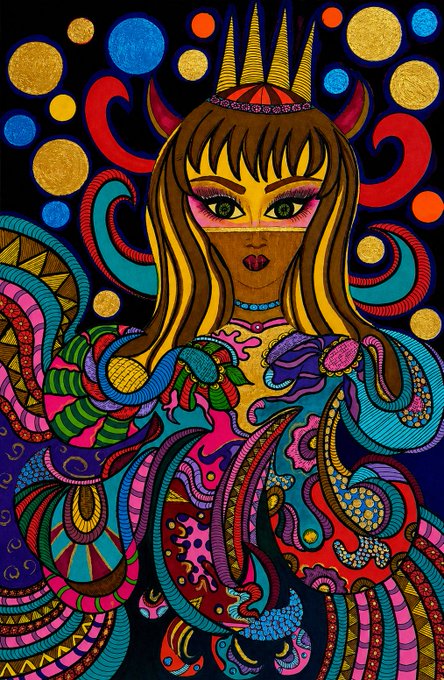A vibrant, psychedelic illustration of a horned figure with large eyes surrounded by swirling colorful patterns, abstract shapes, and circular motifs in neon hues.