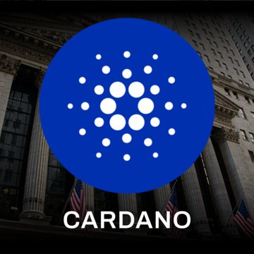 The image shows a close-up view of a blue circle containing white dots that represent the Bitcoin symbol. The word "Cardano" is written below the logo, indicating that this symbol belongs to Cardano, a company known for its blockchain technology. The post also mentions the inclusion of Cardano in the newly launched crypto index futures by CME Group and Nasdaq.