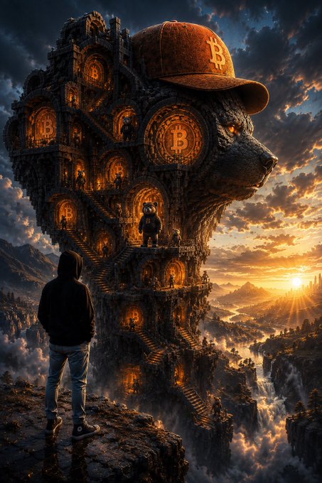 Fantasy digital artwork depicting a hooded figure standing on a cliff, gazing at a massive bear-shaped structure adorned with Bitcoin logos and intricate staircases, set against a sunset landscape.