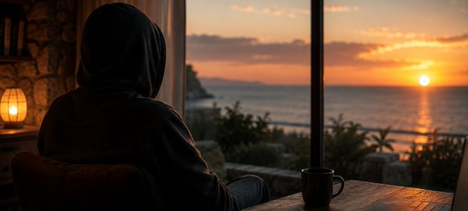 A hooded figure sits at a table with a coffee mug, gazing out a window at a vibrant sunset over the ocean.
