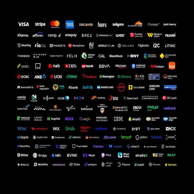 A black poster displaying numerous fintech and crypto company logos including Visa, Stripe, Mastercard, BlackRock, Coinbase, and Ripple.