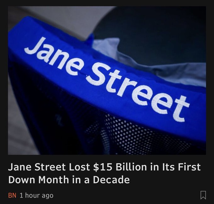 A news article headline reads 'Jane Street Lost $15 Billion in Its First Down Month in a Decade' with a blue 'Jane Street' branded item pictured above.