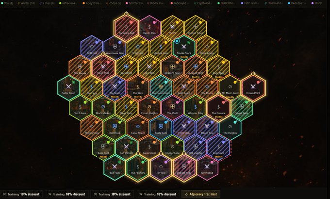 Screenshot of a blockchain-based strategy game featuring a hexagonal grid map with various territories and resource nodes like 'Liquid Lava' and 'Iron Block,' with chat notifications visible at the top.