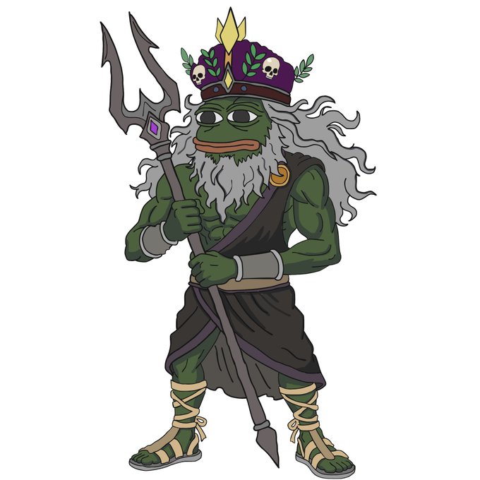 A cartoon illustration of a green-skinned triton or sea god character holding a trident, wearing a skull-adorned crown and dark robes.