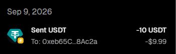 Crypto transaction record dated Sep 9, 2026 showing a sent USDT transfer of -10 USDT (~$9.99) to address 0xeb65C...8Ac2a.