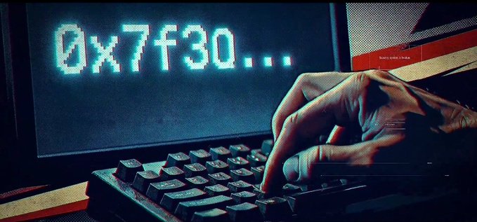 A stylized image of a hand typing on a backlit mechanical keyboard in a dark room, with a monitor displaying the partial hexadecimal string '0x7f30...' in glowing blue text.