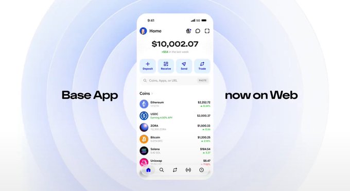 The image shows a smartphone displaying the "Base App" interface with a portfolio balance of $10,002.07, alongside the text "Base App now on Web," promoting the expansion of Coinbase's Base ecosystem—which aligns with the post highlighting $BASE's bullish potential and its rapid product development.