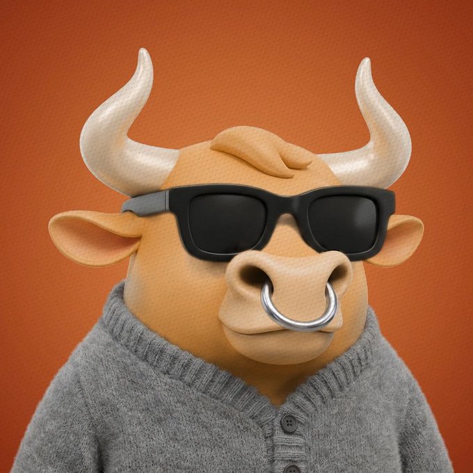 A 3D-rendered anthropomorphic bull character wearing black sunglasses, a nose ring, and a gray knit cardigan sweater against an orange background.