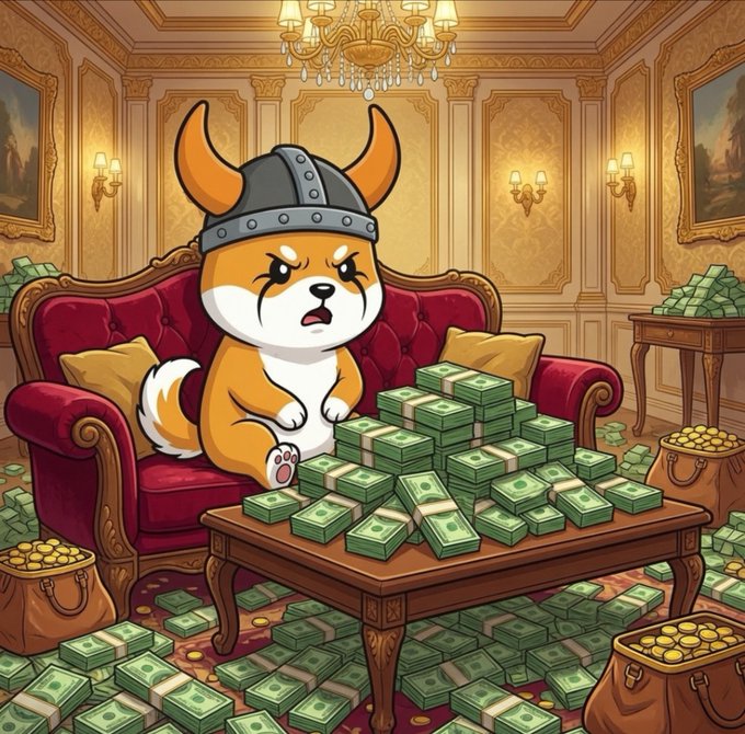 A cartoon illustration of an angry Shiba Inu dog wearing a Viking helmet sitting on a red velvet couch in a luxurious room, surrounded by large stacks of cash and bags of gold coins on the table and floor.