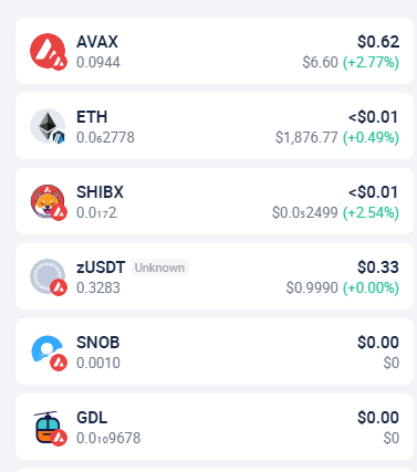 A cryptocurrency portfolio showing prices for AVAX ($6.60), ETH ($1,876.77), SHIBX ($0.052499), zUSDT ($0.9990), SNOB ($0), and GDL ($0).