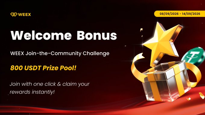 The image is a promotional banner for the WEEX Join-the-Community Challenge, featuring a "Welcome Bonus" with an 800 USDT prize pool and the dates 08/09/2026 - 14/09/2026 displayed alongside a 3D gift box and star graphic. It visually complements the post by highlighting the carnival's prize pool and dates, encouraging users to join the WEEX community and invite friends to participate for a share of the rewards.
