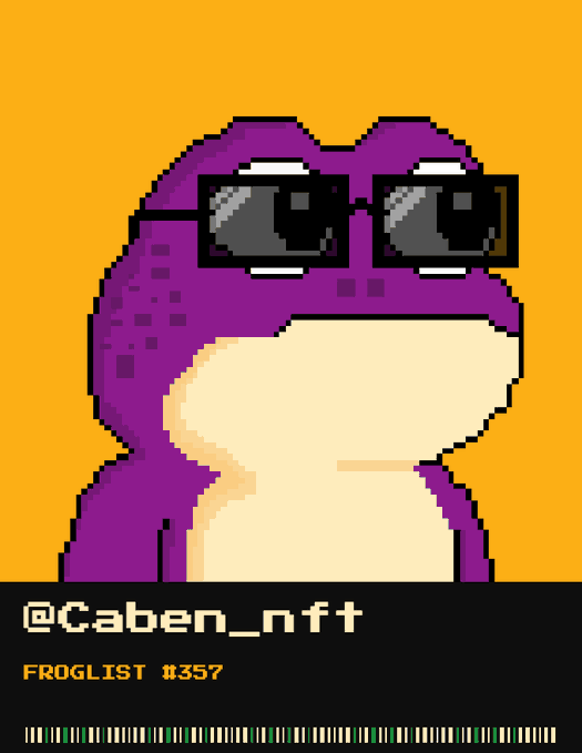 A pixel art illustration of a purple frog wearing sunglasses against an orange background, with text reading '@Caben_nft FROGLIST #357'.