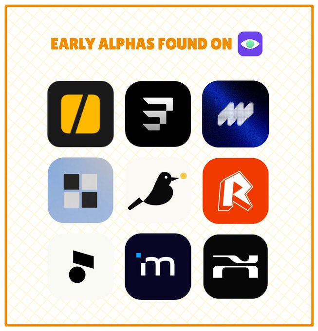 The image displays a promotional graphic titled "EARLY ALPHAS FOUND ON" featuring a grid of nine app icons, including recognizable logos for apps like FanDuel, a stylized "F," a checkered app, a bird icon, Rev, and others. The accompanying post highlights top early alpha projects discovered on the Moni platform, with NetRun_xyz being featured as the first standout project focused on stateful on-chain assets and State Tokens for dynamic NFTs.