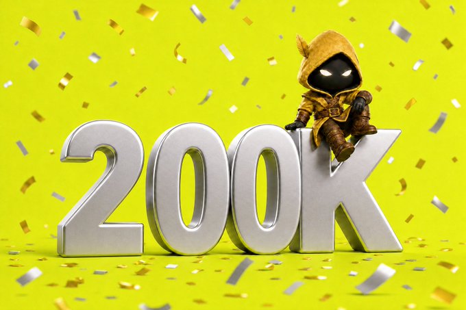 A yellow promotional graphic displaying '200K' in 3D silver letters with a hooded character figurine and silver confetti.