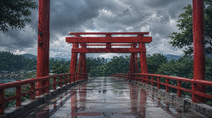 The image features a red bridge with a wooden structure that spans across a body of water. The bridge has two pillars supporting its roof, which are painted red. A group of birds can be seen flying over the bridge, adding life and movement to the scene. The sky above is filled with clouds, suggesting an overcast day or even rain.