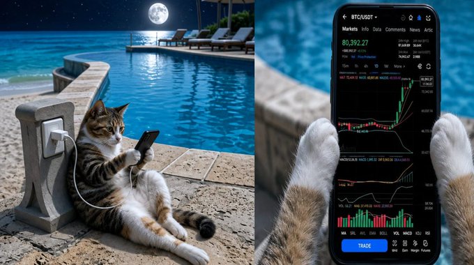 A tabby cat lounges by a moonlit pool while charging its phone, which displays a Bitcoin/USDT chart showing a price of 80,392.27, fitting the post's "charge your phone szn... the moon is rising" theme with both the literal full moon and crypto markets trending upward.