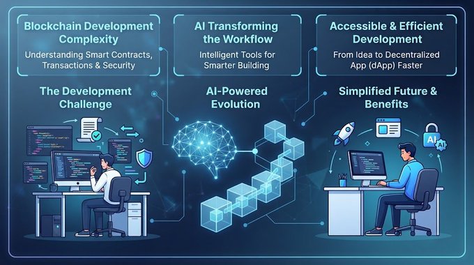 An infographic titled 'Blockchain Development Complexity' contrasting traditional developer challenges with 'AI-Powered Evolution' leading to a 'Simplified Future & Benefits' through AI-assisted dApp development.