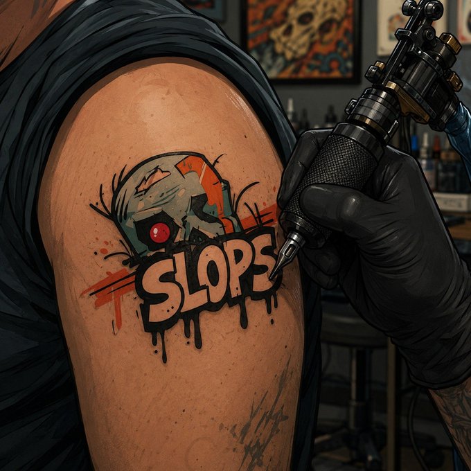 A tattoo artist in black gloves uses a tattoo machine to ink a colorful 'SLOPS' design with a zombie-like character onto someone's shoulder.