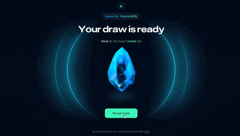 In this image, there's a webpage that features an advertisement for an Raffle game called "Nansen Raffle". The webpage shows a blue crystal, which is the raffle prize in the game. Users can enter their tickets into the game, and if they win, they will be awarded $1,000 USDC. A green button on the screen invites users to reveal their Raffle results by clicking it.