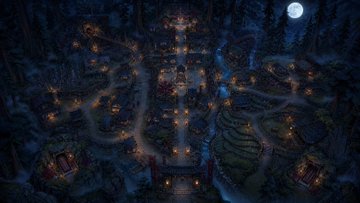 A moonlit fantasy city viewed from above, featuring an axial boulevard lined with lanterns and glowing rooftops nestled among towering rocky cliffs. The image appears to be a reference asset showcasing the atmospheric, concept-art style that Codex generated for the game project mentioned in the post.