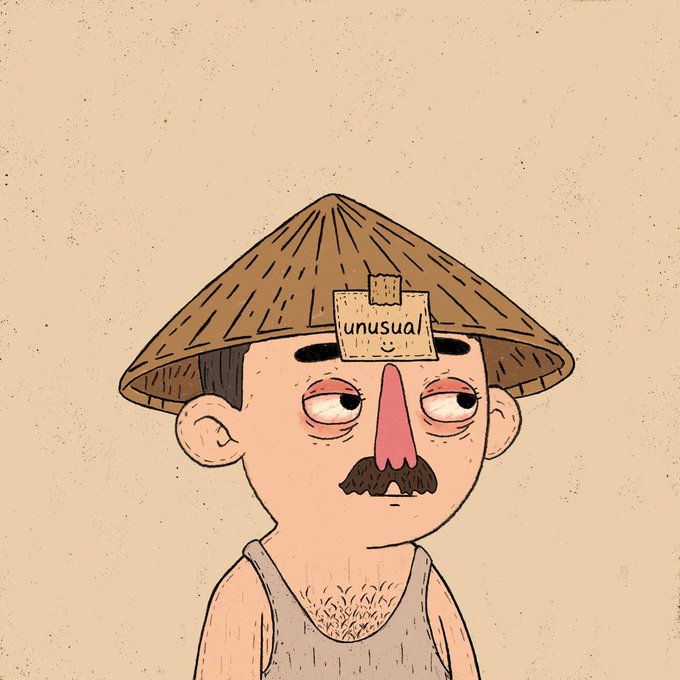 A cartoon character with a long pink nose and mustache wears a traditional conical Asian straw hat featuring a label that reads "unusual," which ties directly to the "GM Unusual Society" post's theme of an upcoming reveal.