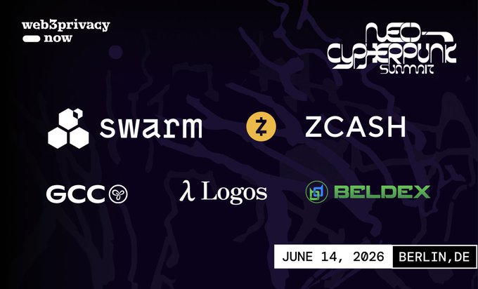 The image features a poster with various logos, including "Neo-Cypherpunk Summit" and "s26ber.web3privacy.info Funkhaus Berlin 14 June 2016", as well as other logos such as "GCCofCommons", "Logos_network", "@ethswarm", "@Zcash", and "@BeldexCoin". The poster is displayed on a dark background, which contrasts with the white text and logos. The image also includes a date and time stamp of June 14, 2016 at 2:26 pm Berlin time.